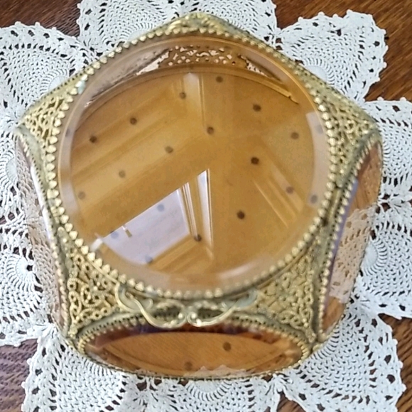 Vintage French Brass Filigree Amber Beveled Glass Ormulu Jewelry Box Casket - Picture 8 of 16